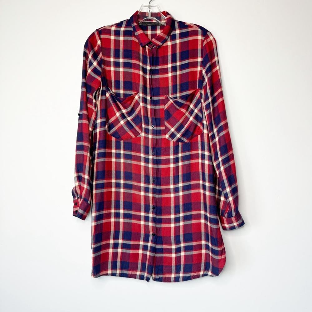 Zara Trafaluc Button Down Flannel Shirt Women’s Size Small Plaid Red Blue Tunic